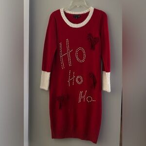 Red Sweater Holiday Dress with White Trim and Bow Accents Ho-Ho-Ho